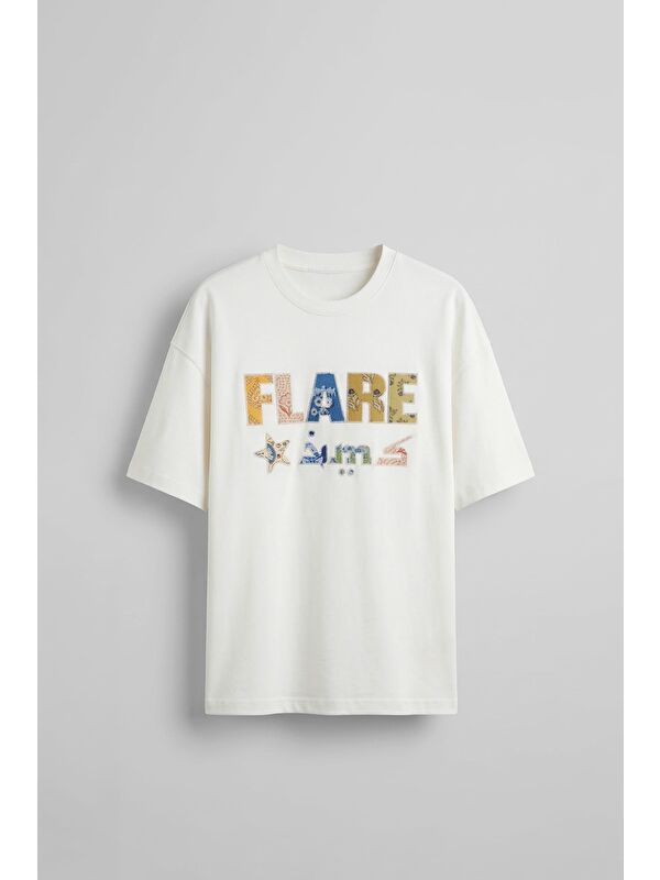 Abluka Online Erkek Oversize Patchwork Nakışlı T-Shirt Ekru