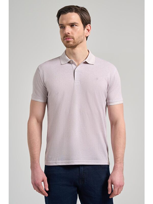 İMZA Açık Bej Kısa Kol Baskılı Pike Polo Yaka Cepsiz Esnek Casual Slim Fit Tişört 1011250151