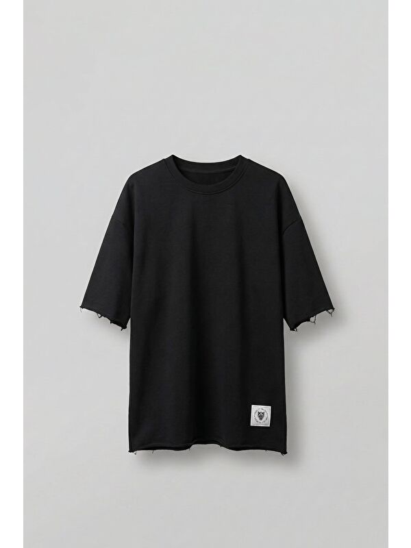 Abluka Online Erkek Oversize Püskül Detaylı Basic Örme T-Shirt Siyah