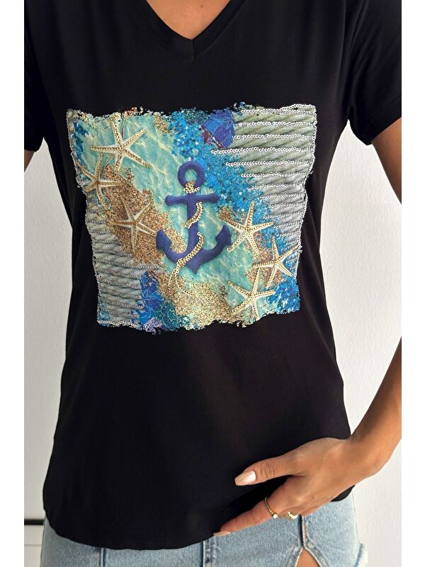 Chiccy Siyah V Yaka Kısa Kol Pul Payet Aplikeli Örme Regular Fit T-Shirt