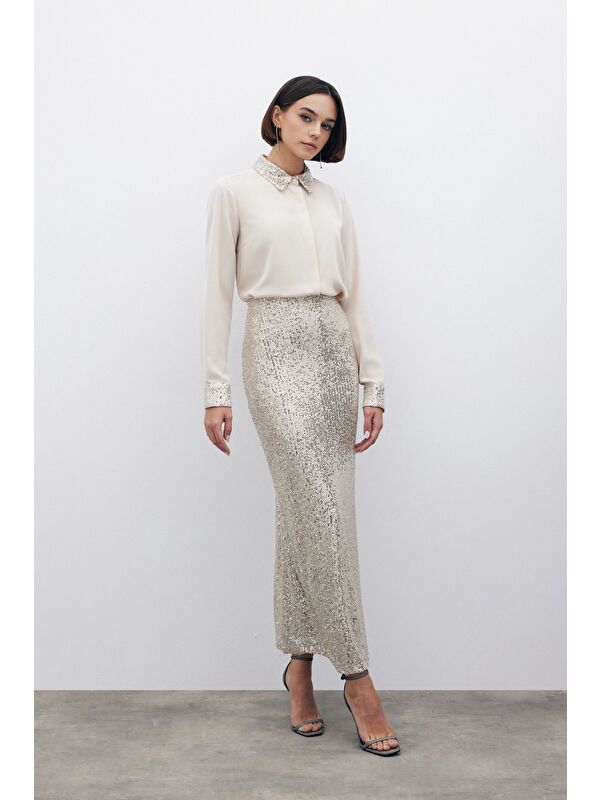 SATEEN Karolin Midi Etek - Bej