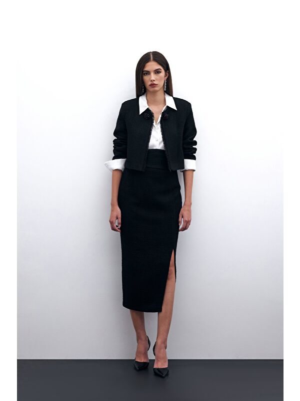 SATEEN Tüvit Kalem Etek - Siyah