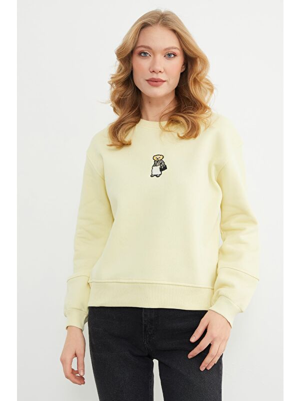 Fullamoda 3 İplik Ayıcık Nakışlı Bisiklet Yaka Sweatshirt