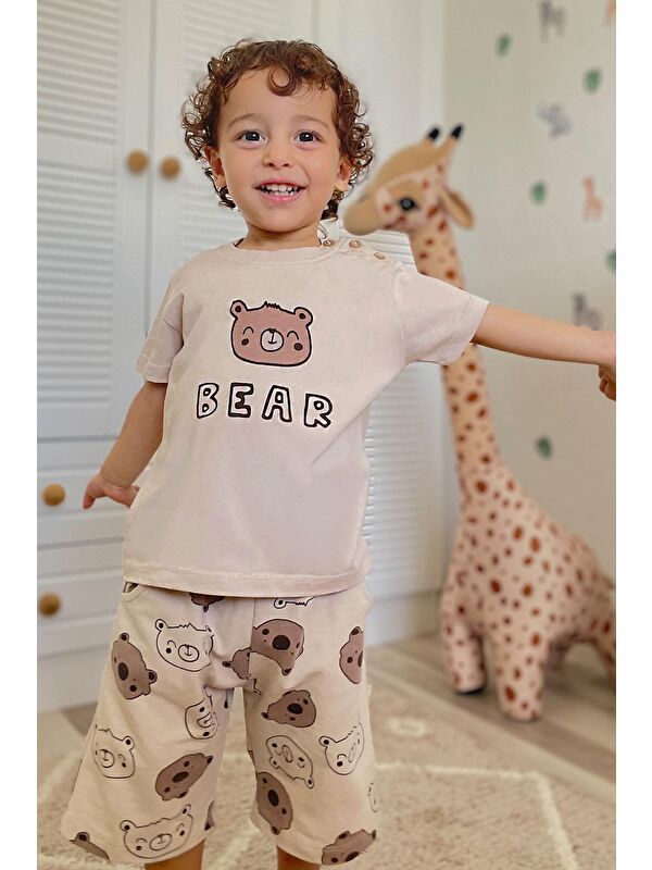 Breeze Erkek Bebek Şortlu Takım Havalı Ayıcık Baskılı Bej (9 Ay-3 Yaş)