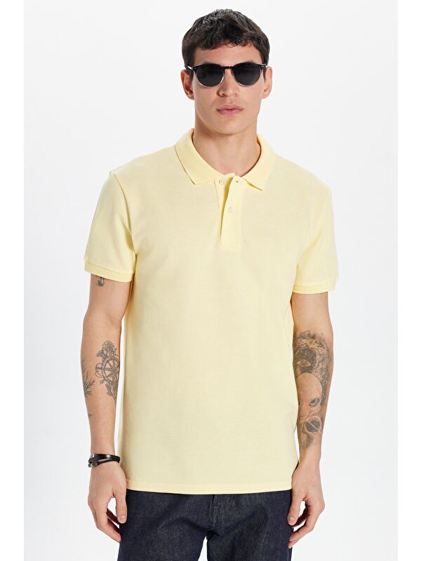 TUDORS Erkek Slim Fit Dar Kesim %100 Pamuk Sarı Polo Yaka Tişört