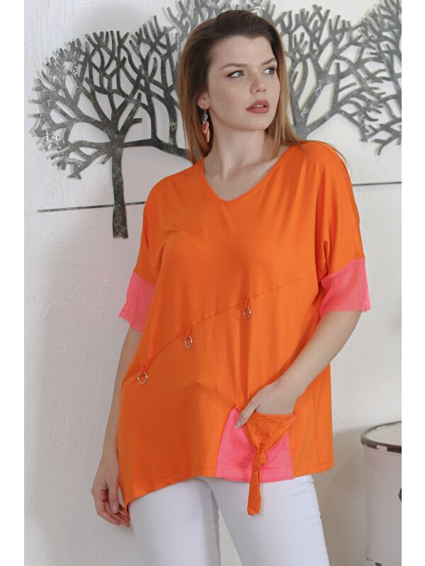 Chiccy Turuncu V Yaka Kısa Kol Cepli Meşli Casual Örme Bluz