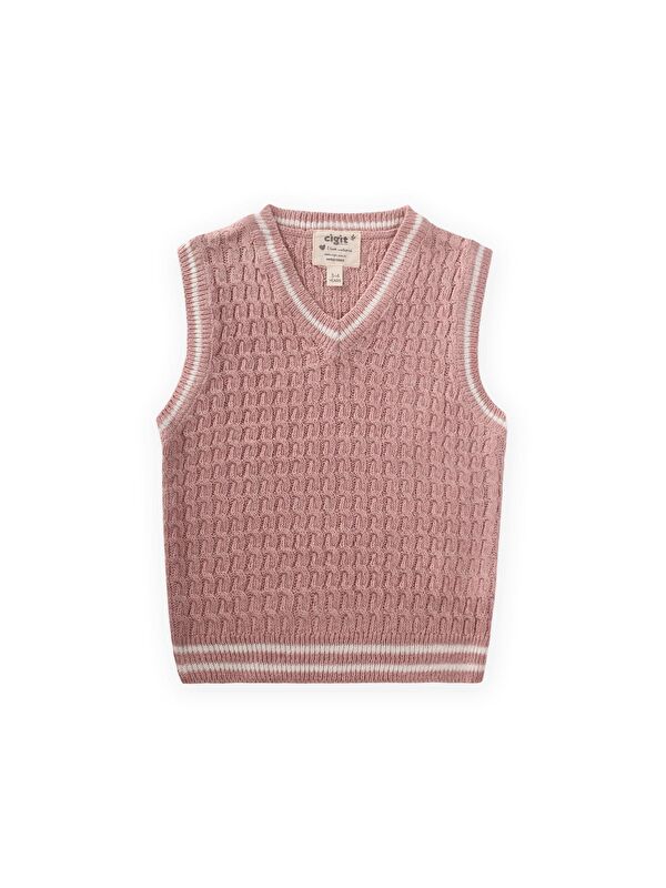 CİGİT Saş Örgü Triko Süveter 3-9 Yaş Pudra Pembe
