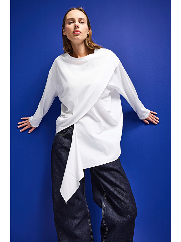 It's Basic Kadın Beyaz w5 Oversize Çift Parça Tasarım Gömlek Sweatshirt