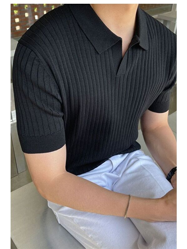 HYMAN Erkek Oversize Fitilli Polo Yaka İnce Triko Tişört
