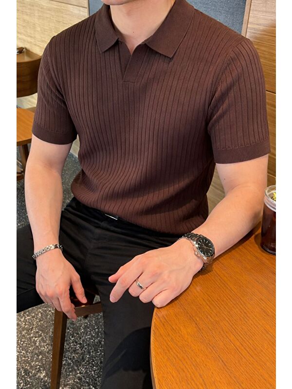 HYMAN Erkek Oversize Fitilli Polo Yaka İnce Triko Tişört