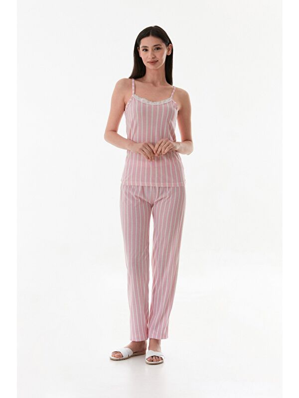 Fullamoda İnce Çizgili Askılı Dantelli Pijama Takımı