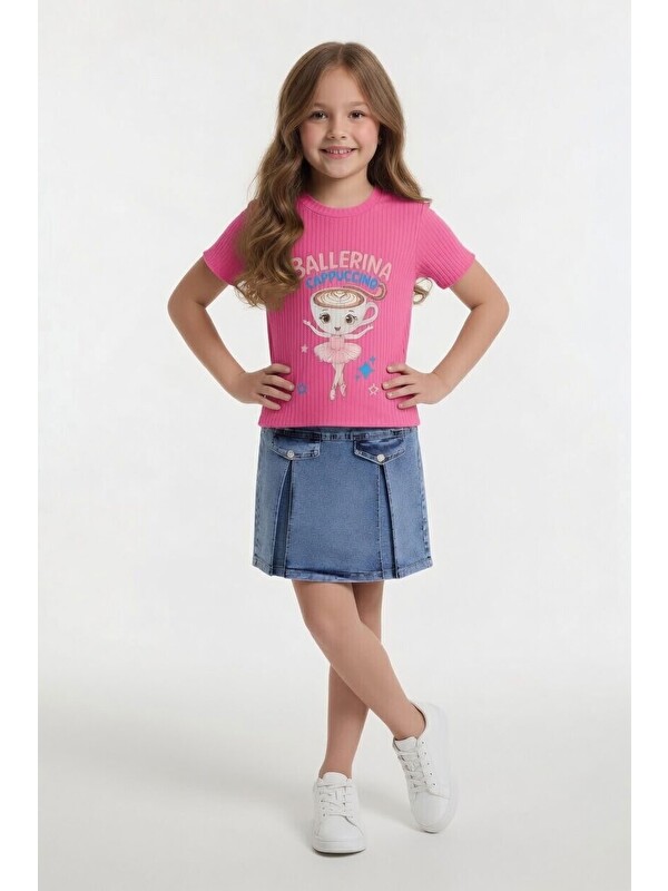 Cansın Mini Pembe Balerin Desenli Badili Jean Etekli Kız Çocuk 2li Takım 24563