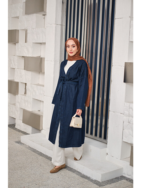 Locco Moda Kadın Bel Bağlamalı Midi Boy Jean Trenç Lacivert