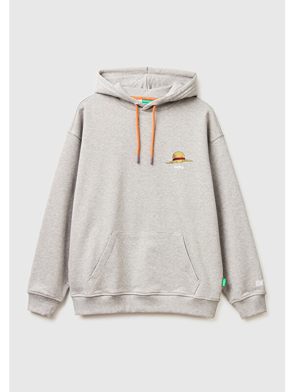 United Colors Of Benetton Erkek Gri Melanj  %100 Pamuk Kontrast Kordonlu Grafik Baskılı Kapüşonlu Sweatshirt