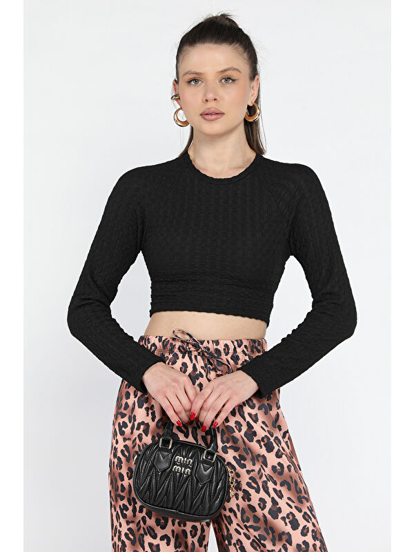 Gülseli Bel Lastikli Ve Bağlamalı Kadın Kabartma Desen Crop Top Bluz
