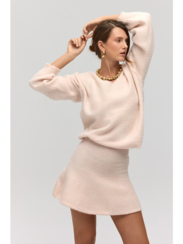Mai Collection Nordis Volanlı Pembe Triko Mini Etek