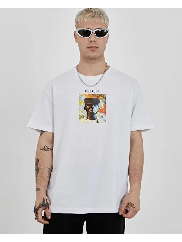 Jane's Unisex Bisiklet Yaka Baskılı Oversize T-Shirt - Beyaz