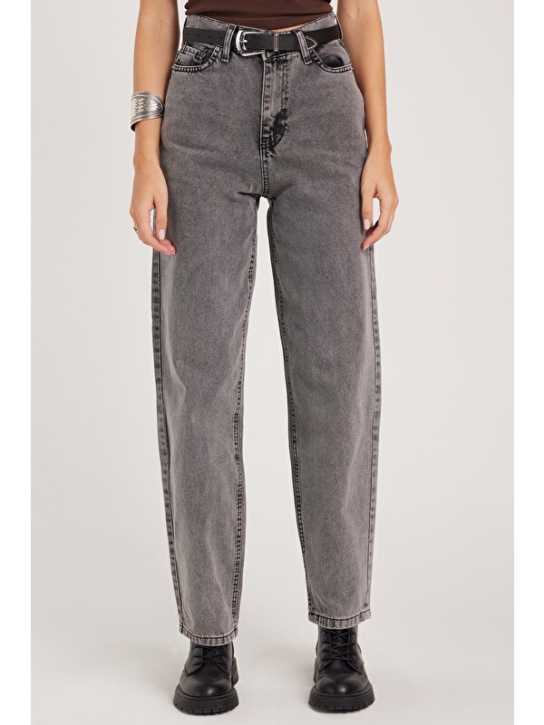 TUDORS Kadın Regular Fit Klasik Kesim Baggy Pamuklu Geniş Paça Antrasit Jean Pantolon