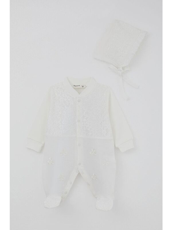 Breeze Kız Bebek Patikli Tulum Dantel Detaylı Çiçek Nakışlı Ekru (0-6 Ay)