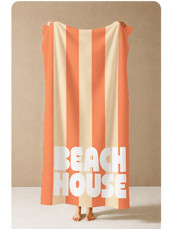 Milbay Grup Retro Beach House Yazılı Turuncu Çizgili Desenli 70x150 Plaj Havlusu - Dijital Baskılı Banyo Havlusu