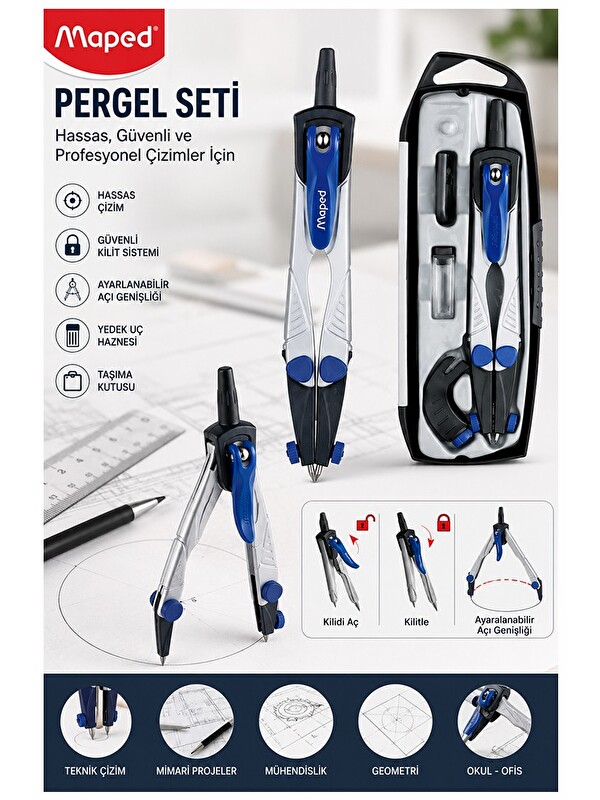 Maped Metal Pergel Seti 1 Adet 538700 Technic Compact Profesyonel Pergel Çizim Proje Matematik Geome