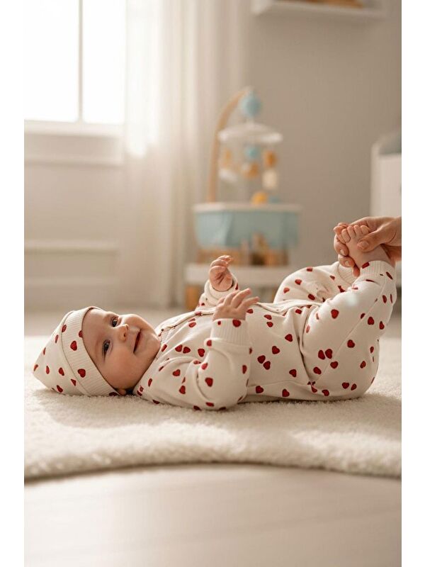 Breeze Kız Bebek Tulum Sevgi Temalı Kalp Desenli Krem (4-6 Ay)