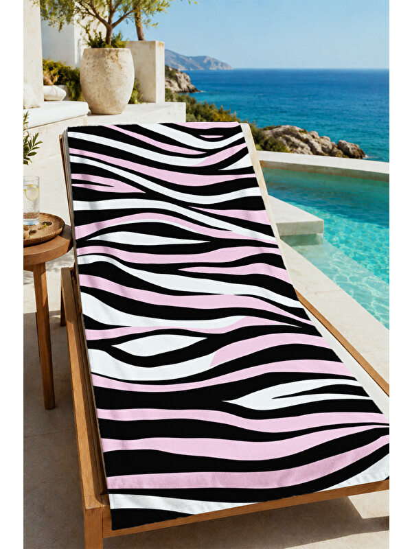 Milbay Grup Pop Art Pembe Siyah Zebra Çizgili Desenli 70x150 Plaj Havlusu - Dijital Baskılı Banyo Havlusu