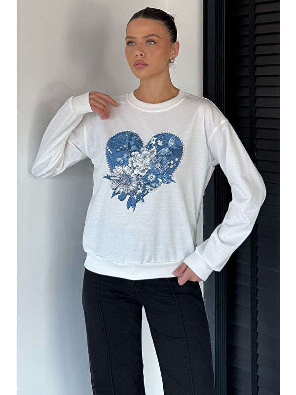 Gülseli Kadın Bisiklet Yaka Baskılı Taş İşlemeli Sweatshirt