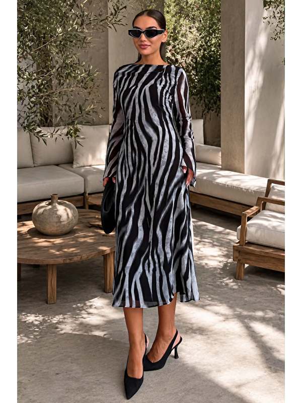 Madmext Gri Zebra Desenli Şifon Midi Elbise Mg2854
