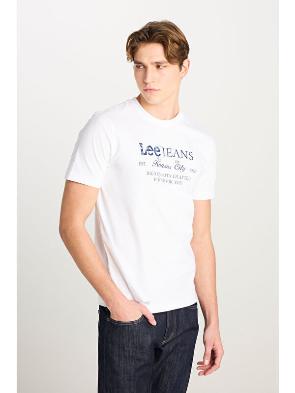 Lee %100 Pamuk Regular Fit Bisiklet Yaka Beyaz Baskılı Tişört