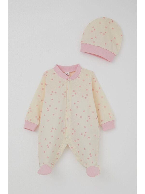 Breeze Kız Bebek Patikli Tulum Çiçek Desenli Krem (0-6 Ay)