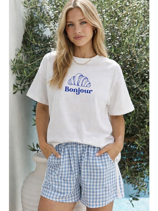 Monila Kadın Premium Kumaş  Ekru Oversize Kruvasan Baskılı T-Shirt