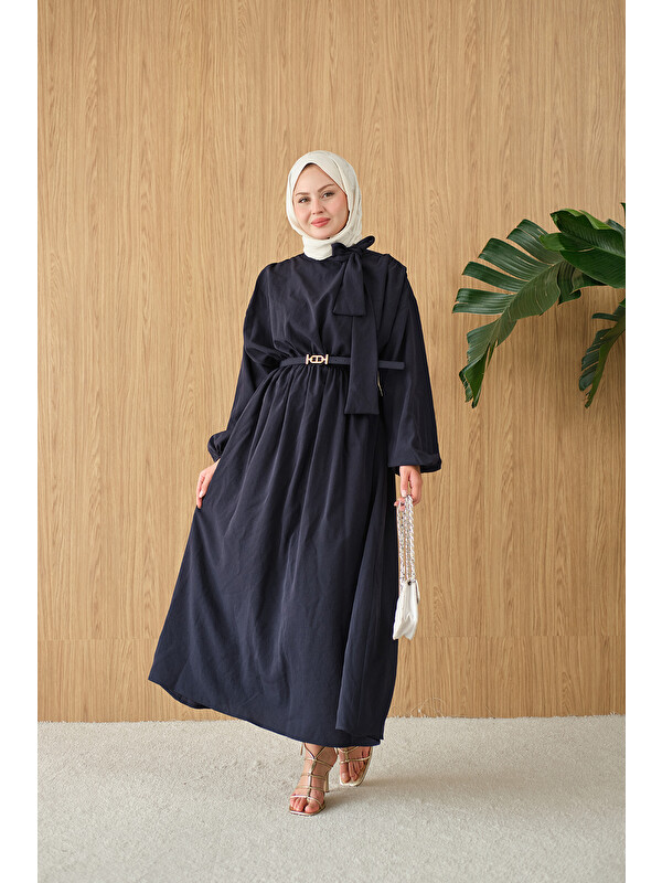 Locco Moda Kadın Boyun Bağlamalı Kemerli Elbise Lacivert