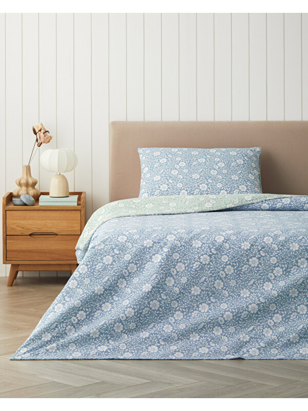 English Home Floria Kolay Ütülenir Çarşaflı Tek Kişilik Nevresim Takımı 160x220 cm Mavi - Yeşil