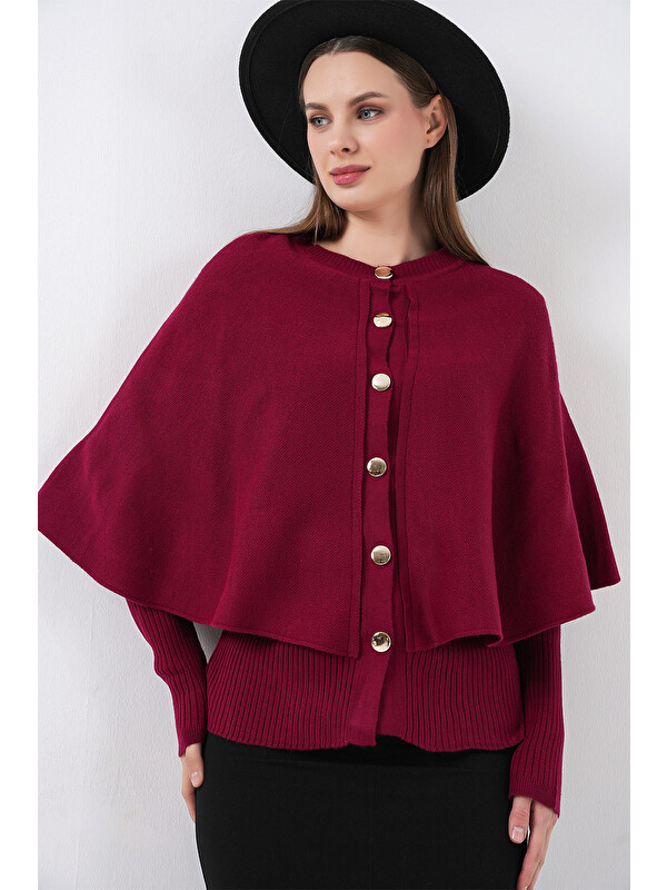 Bigdart Kadın Pelerinli Triko Hırka 15967 - Bordo