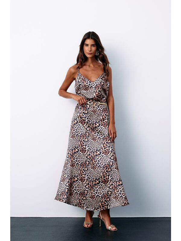 SATEEN Leopar Desenli Saten Etek - Kahve