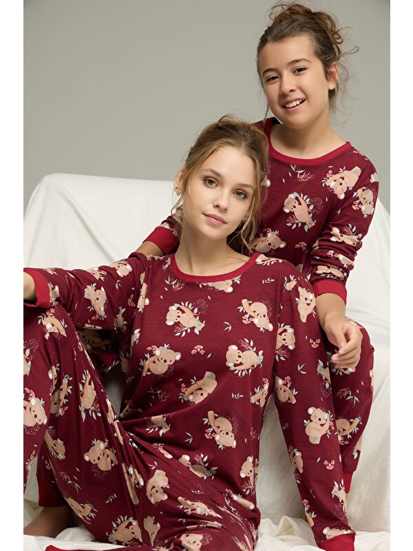 Siyah İnci Bordo Koala Desenli Pamuklu Bisiklet Yaka Örme Pijama Takım25241141