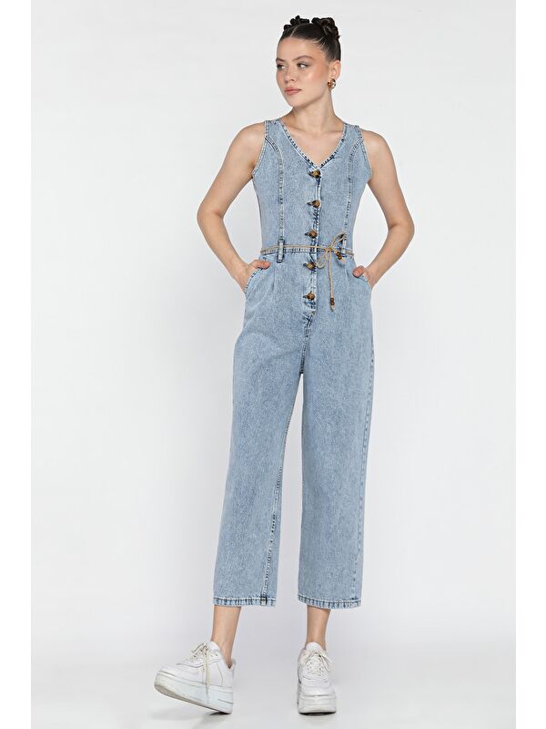 Gülseli Ön Düğmeli Kemerli Jean Jean Tulum Salopet