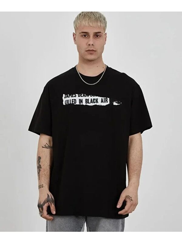 Jane's Unisex Bisiklet Yaka Baskılı Oversize T-Shirt - Siyah