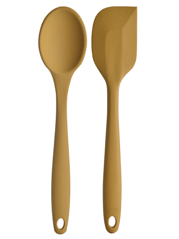 Kitchen Design Lab Büyük Boy Yanmaz Yapışmaz Silikon Sarı Renkte Yassı ve Kaşık Spatula 2'li Set