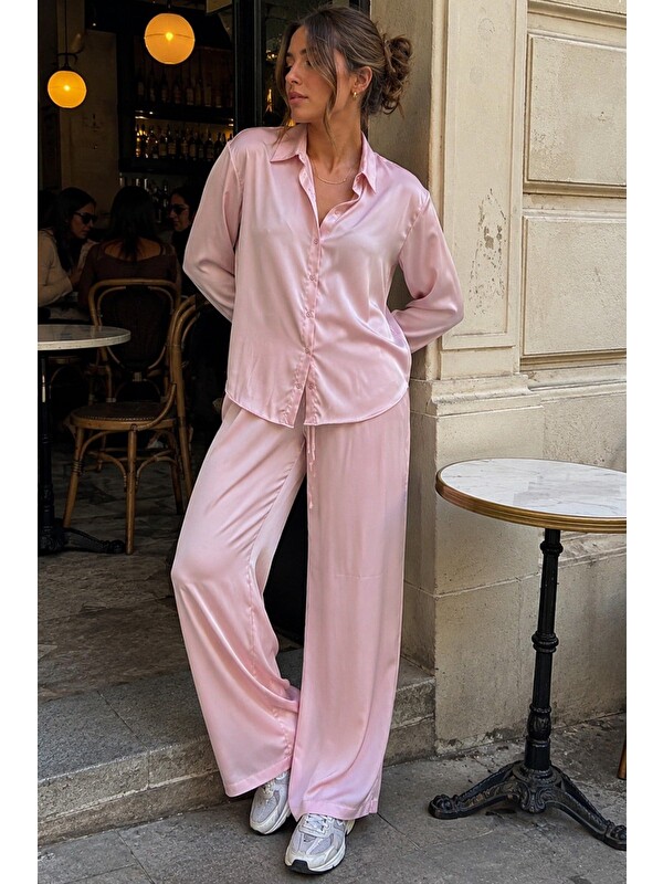 Madmext Pembe Saten Gömlek Pantolon Takım Mg2745
