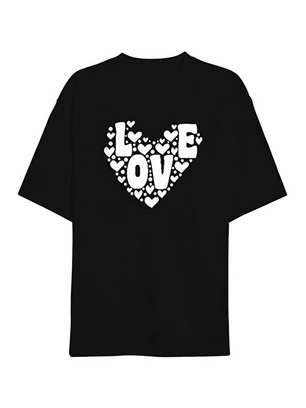 Jane's Sevgililer Günü İçin Özel Tasarım Love Kalp Baskılı T-shirt - Siyah