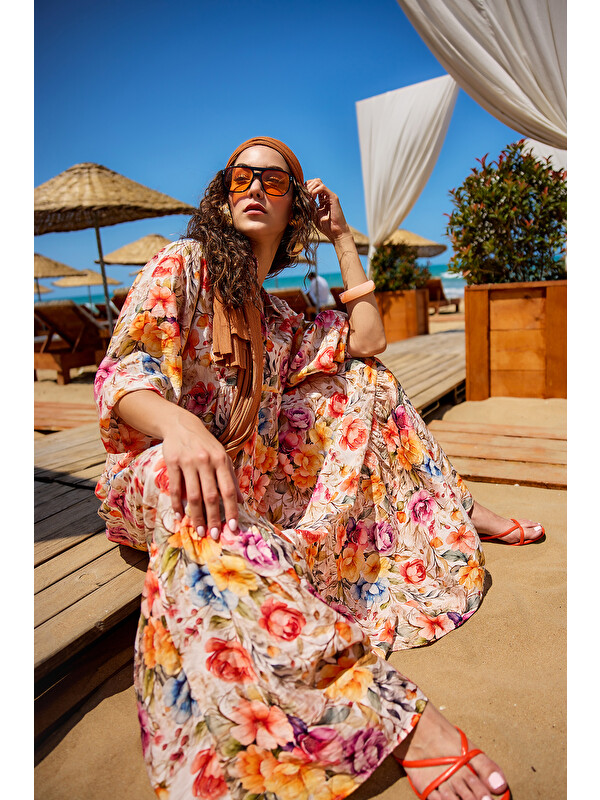 Locco Moda Kadın Karışık Çiçek Desen Elbise Krem