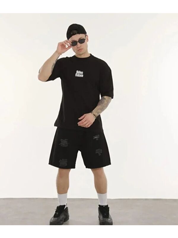 Jane's Unisex Bisiklet Yaka Baskılı Oversize T-Shirt - Siyah