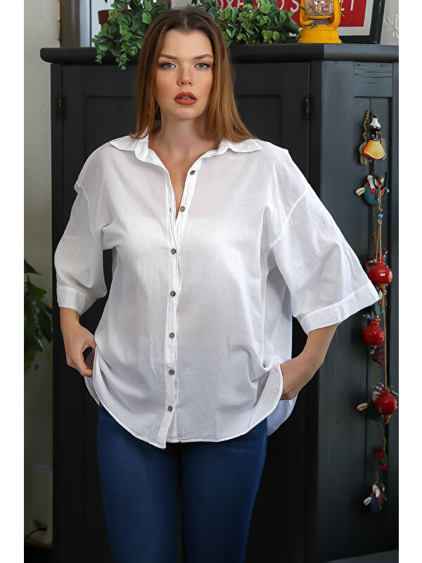 Chiccy Beyaz 3/4 Kol Sedef Düğmeli Yırtmaçlı Casual Pamuk Dokuma Gömlek