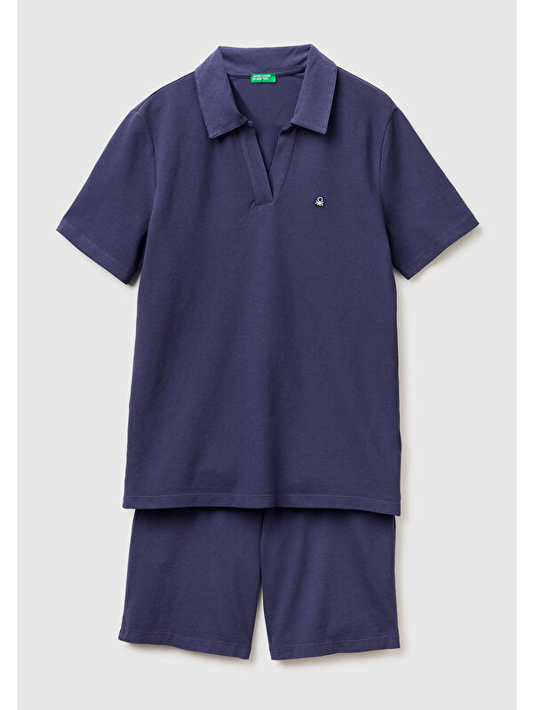United Colors Of Benetton Erkek Koyu Mavi  %100 Pamuk Logo Detaylı Polo Yaka Kısa Kollu Pijama Takımı