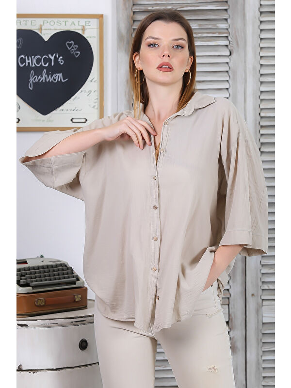 Chiccy Bej 3/4 Kol Sedef Düğmeli Yırtmaçlı Casual Pamuk Dokuma Gömlek