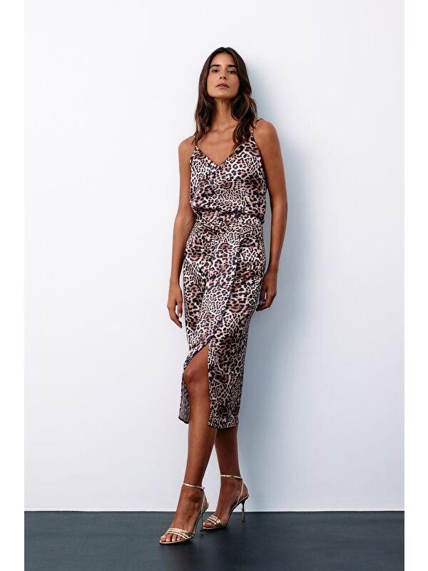 SATEEN Leopar Desenli Saten Etek - Vizon