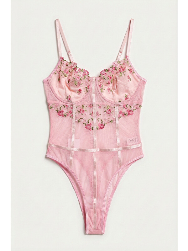 It's Basic Kadın Pembe w5 Çıtçıklı Toparlayıcı Özel Çiçek ve Dantel Desenli Tasarım Askılı Body