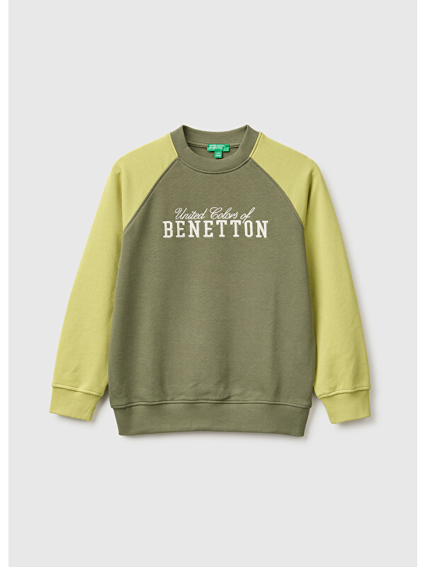 United Colors Of Benetton Erkek Çocuk Haki Önü İşlemeli Ribanalı Reglan Kollu Bisiklet Yaka Sweatshirt